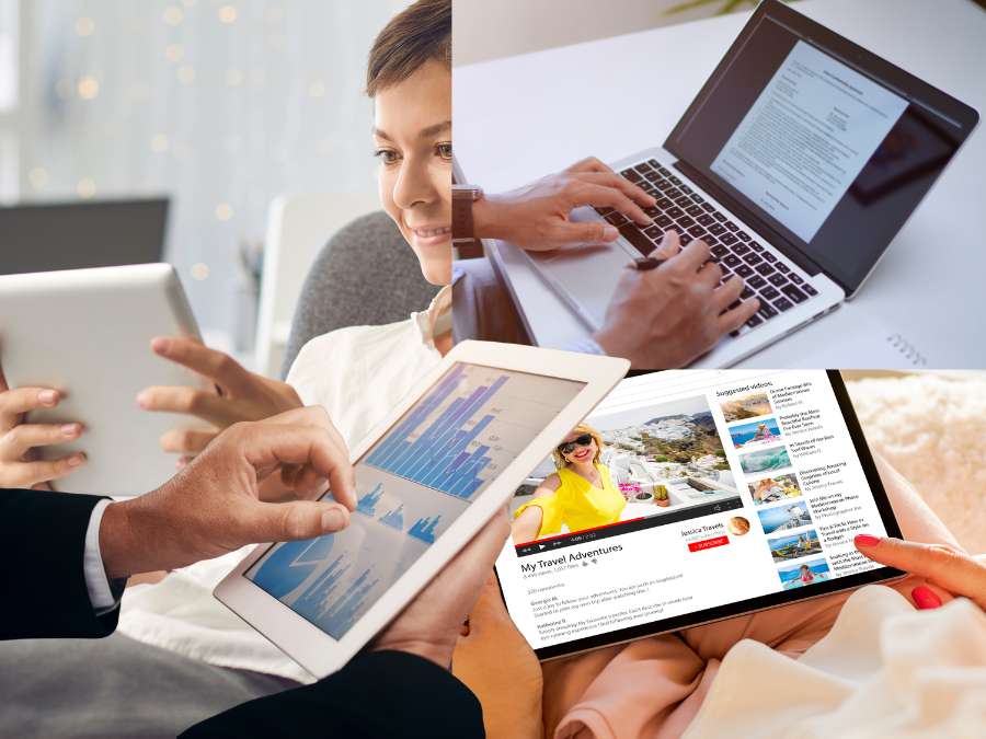 Esempi di contenuti digitali per il settore medico su laptop, smartphone e tablet
