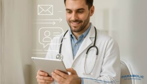 Medico che comunica con pazienti attraverso strumenti digitali, con simboli di velocità e precisione