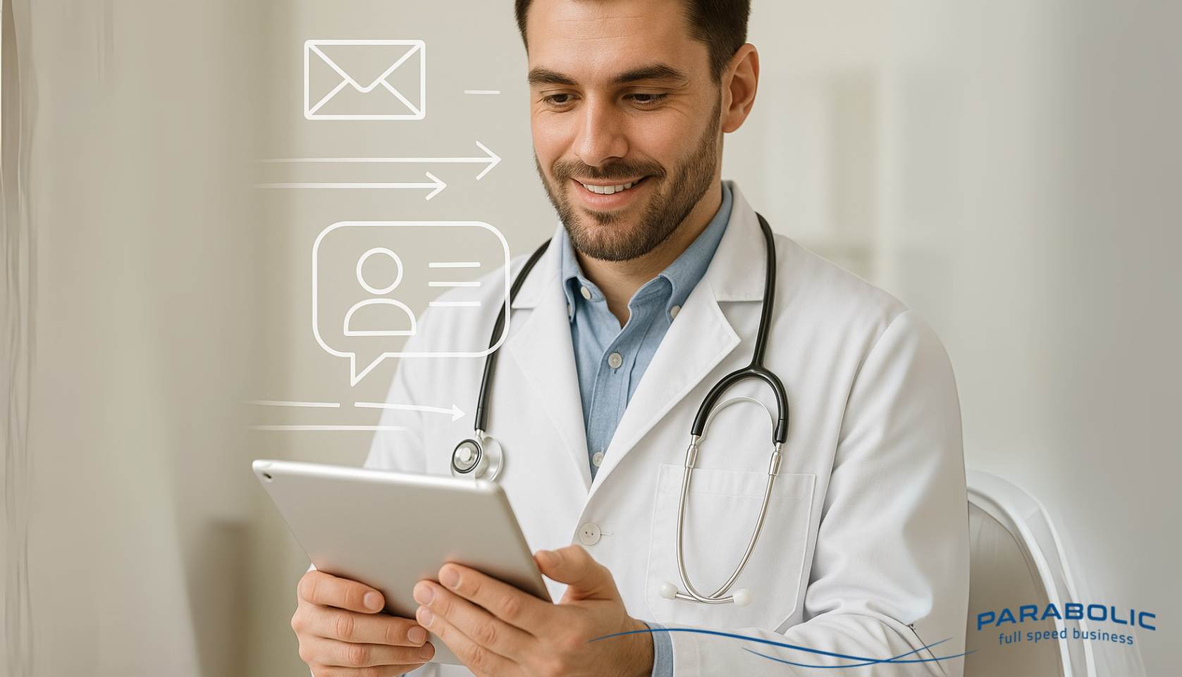 Medico che comunica con pazienti attraverso strumenti digitali, con simboli di velocità e precisione