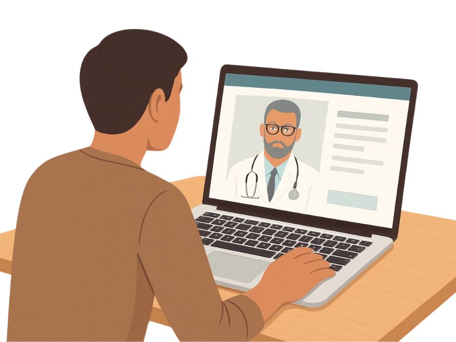 Persona che consulta online il profilo di un medico tramite computer